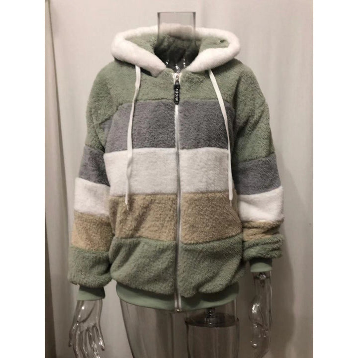 Women's Striped Oversized Teddy Jacket with Hood, Zipper and Ribbed Cuffs Amarae