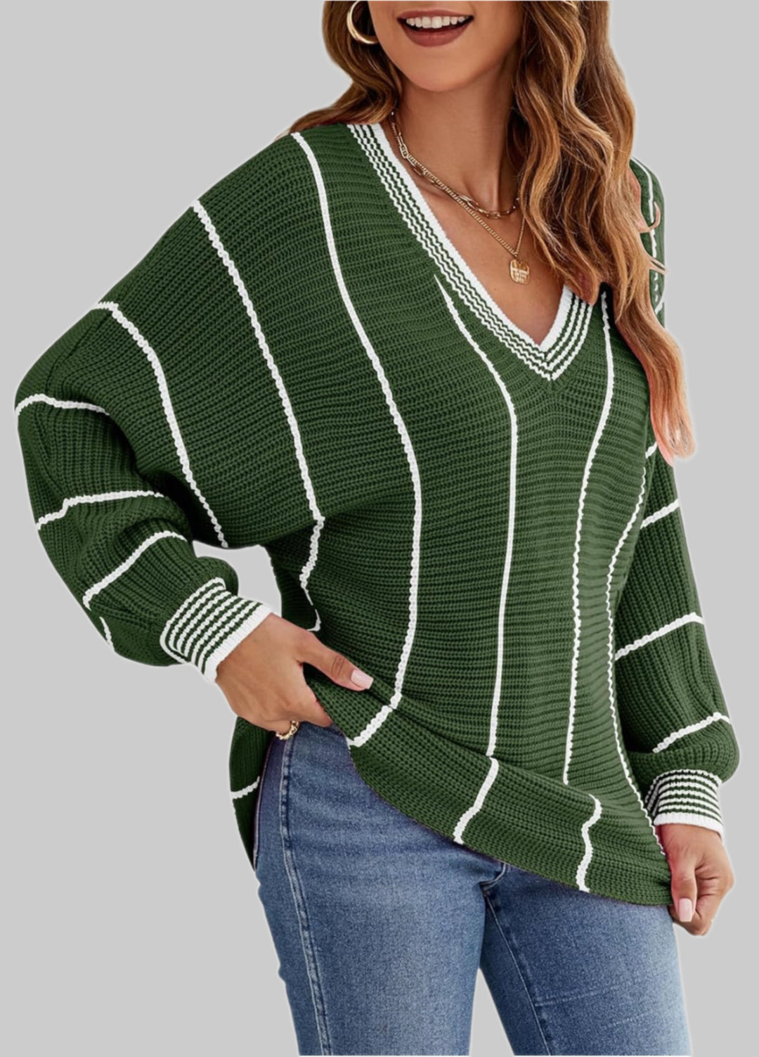 Thick knitted sweater for women with an elegant V-neck and a trendy striped pattern Lune London