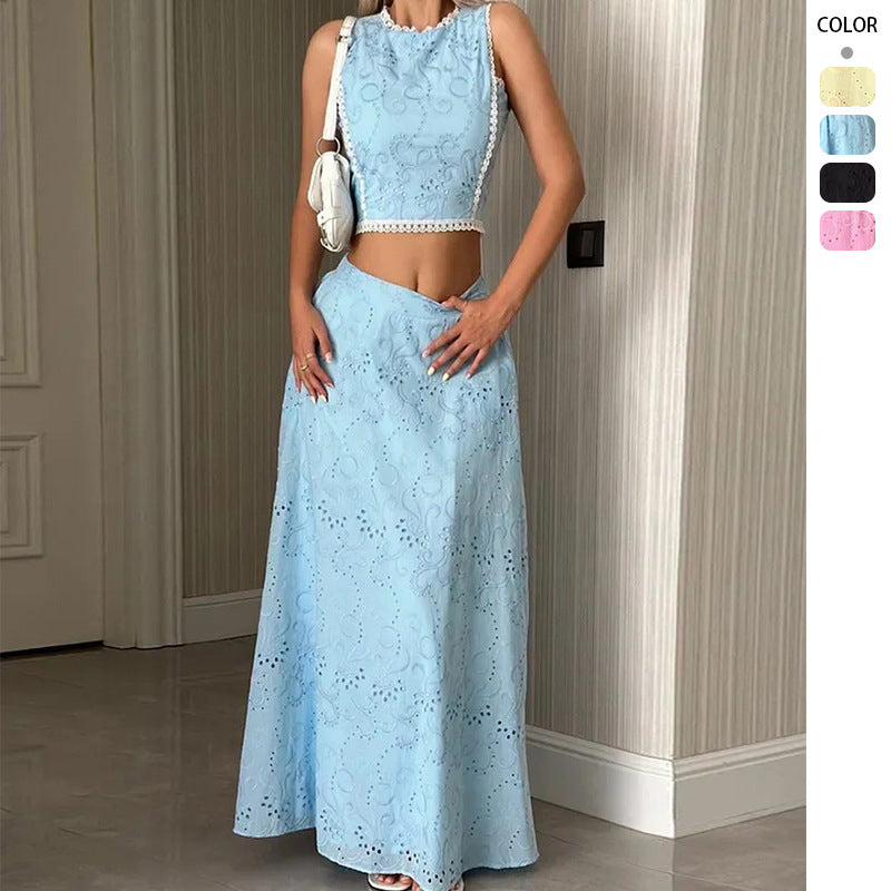 Women's maxi dress with delicate hole embroidery pattern and trendy crop top Lune London