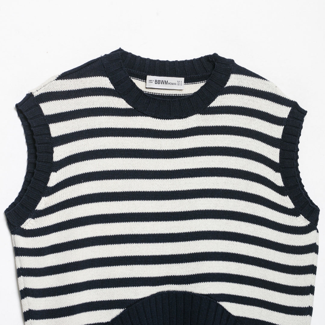 Women's Striped Knit Vest with Round Neck and Wide Ribbed Cuff Amarae
