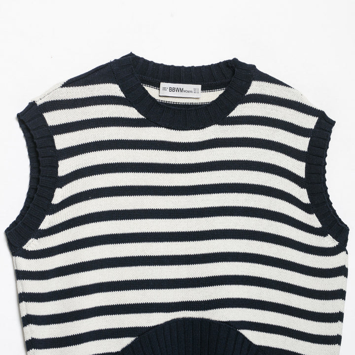 Women's Striped Knit Vest with Round Neck and Wide Ribbed Cuff Amarae