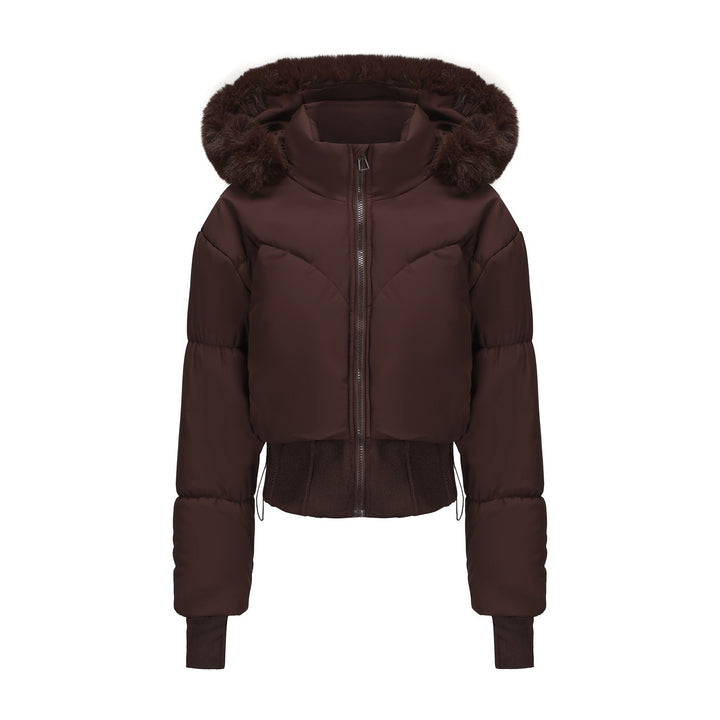 Short lined jacket for women with removable hood and warm faux fur collar Lune London