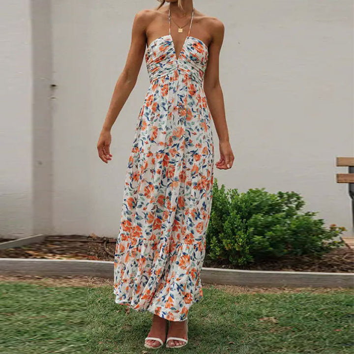 Robe maxi femme avec décolleté en V profond et gathering romantique Chic & Stil