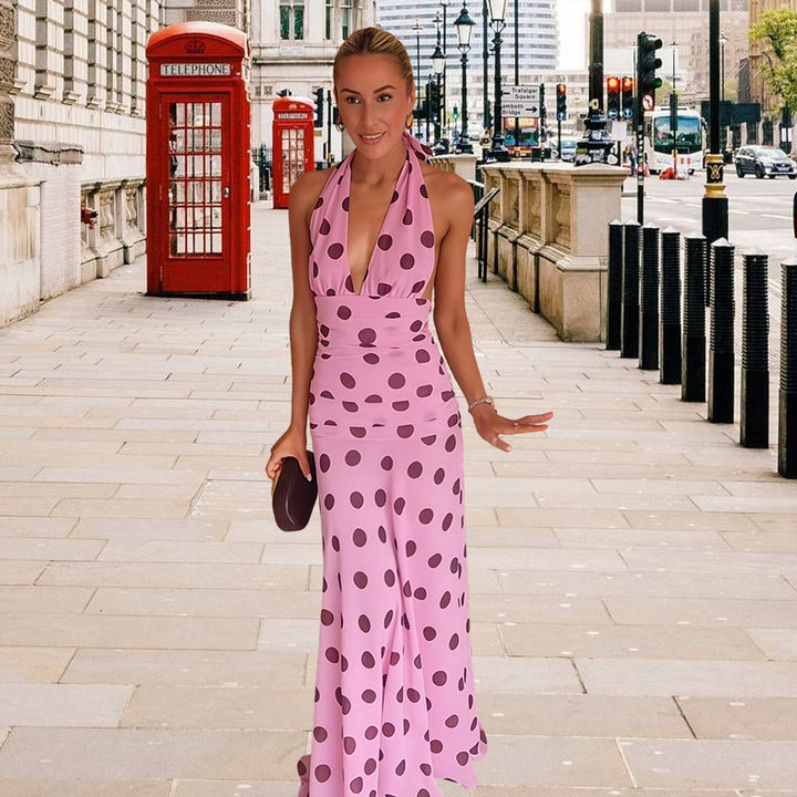 Maxi dress for women with a refined cascade neckline and chic polka dots