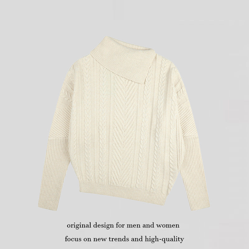 Women's asymmetrical cable knit sweater with diagonal turtleneck and oversized fit Amarae