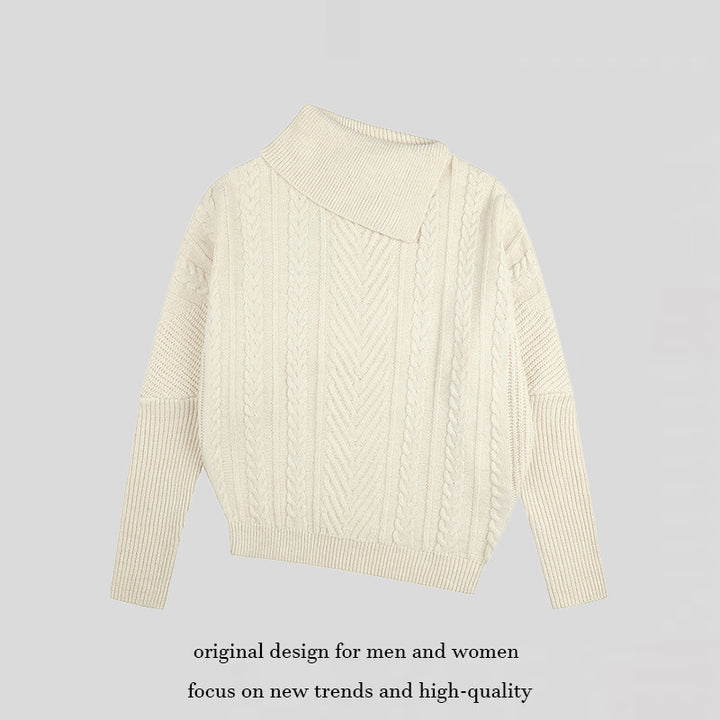 Women's asymmetrical cable knit sweater with diagonal turtleneck and oversized fit Amarae
