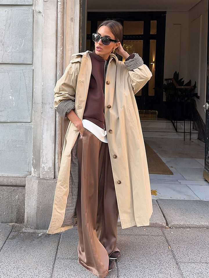 Women's Maxi Long Trench Coat with Check Lining, Wide Fall & Classic Button Placket Amarae
