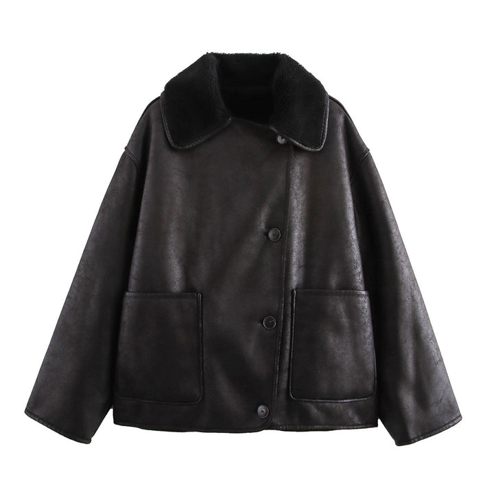 Faux leather jacket for women with soft collar and practical pockets Lune London