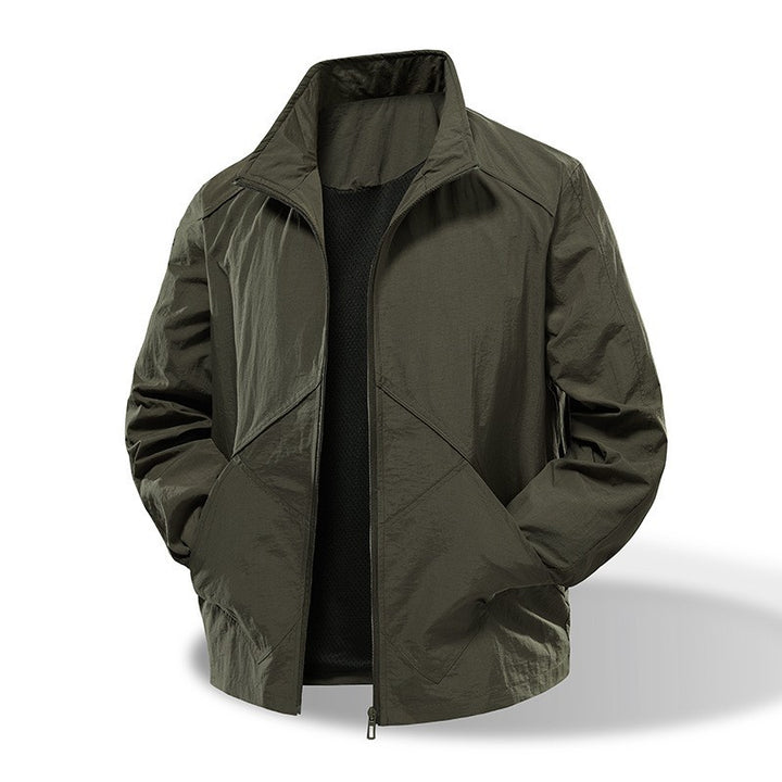 Men's Lightweight Windbreaker Outdoor Jacket with Stand Collar, Two-way Zipper and Concealed Pockets Amarae