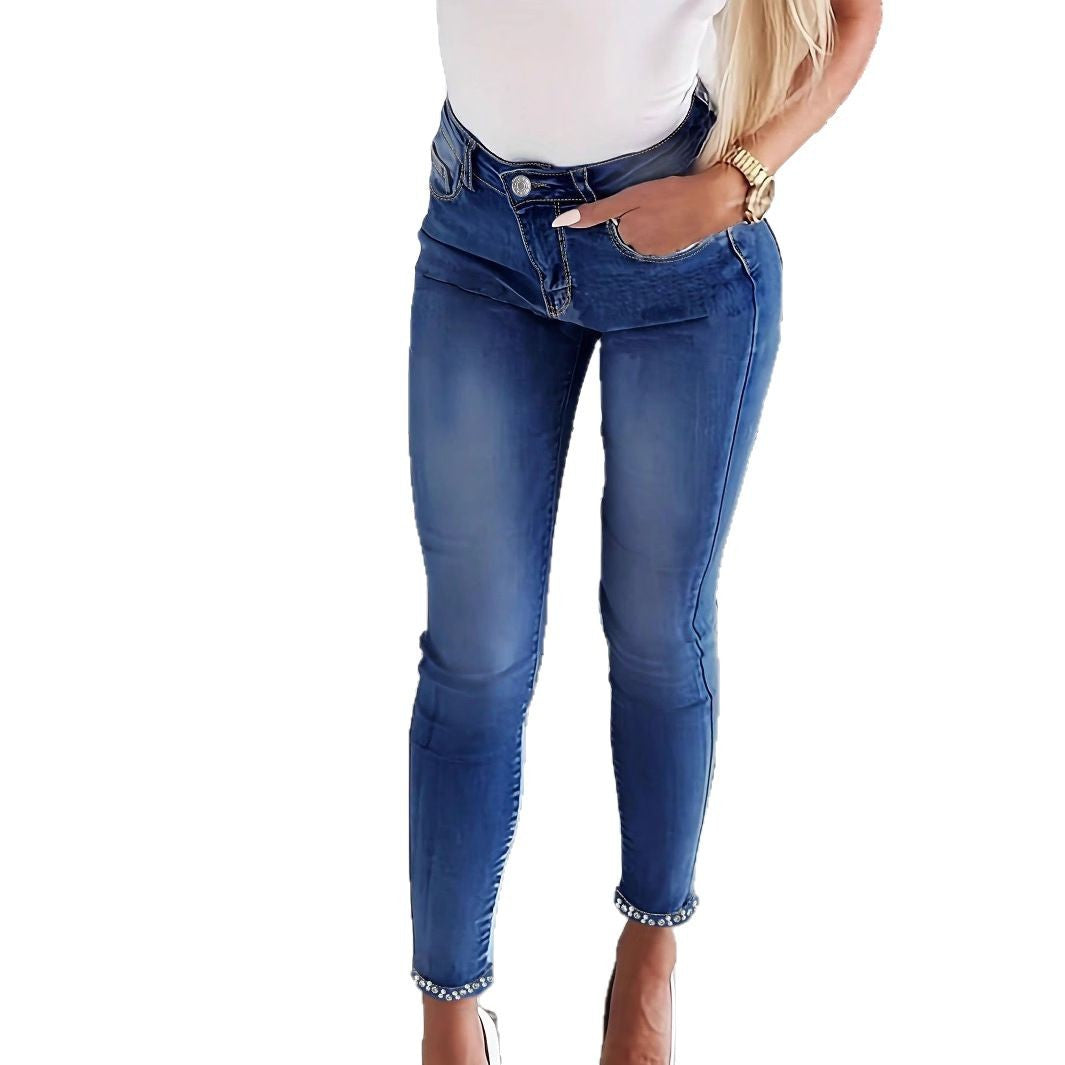Women's skinny jeans with pearl embellishments and decorative bows Amarae