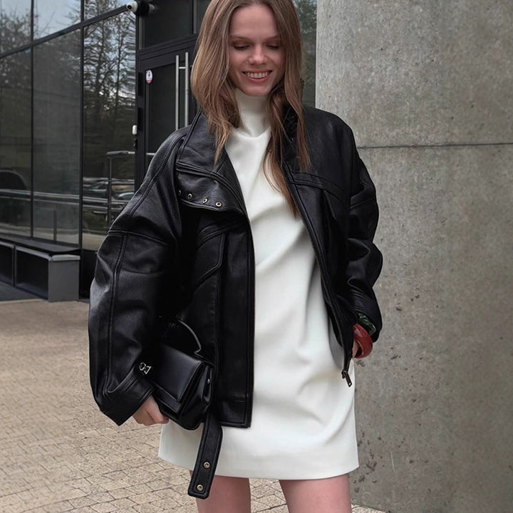 Women's Oversize Bomber Jacket made of textured faux leather with overlapping flap front Amarae