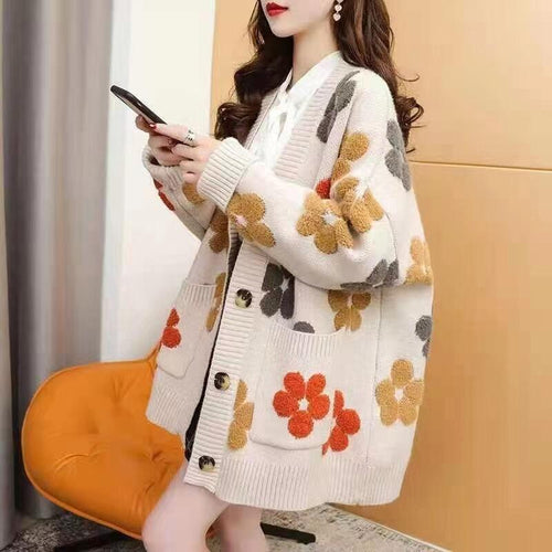 Button-front knitted jacket for women with chic and stylish floral design