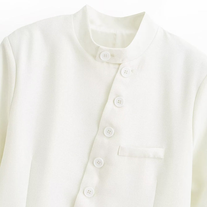 Women's asymmetrical buttoned short blazer with stand-up collar and patch pockets Amarae