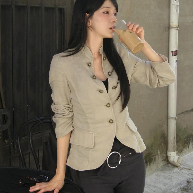 Women Tailored Linen Blazer with Stand-up Collar and Decorative Button Placket Amarae