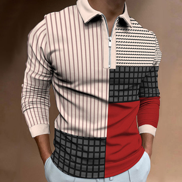 Long sleeve polo for men with modern patchwork design Lune London