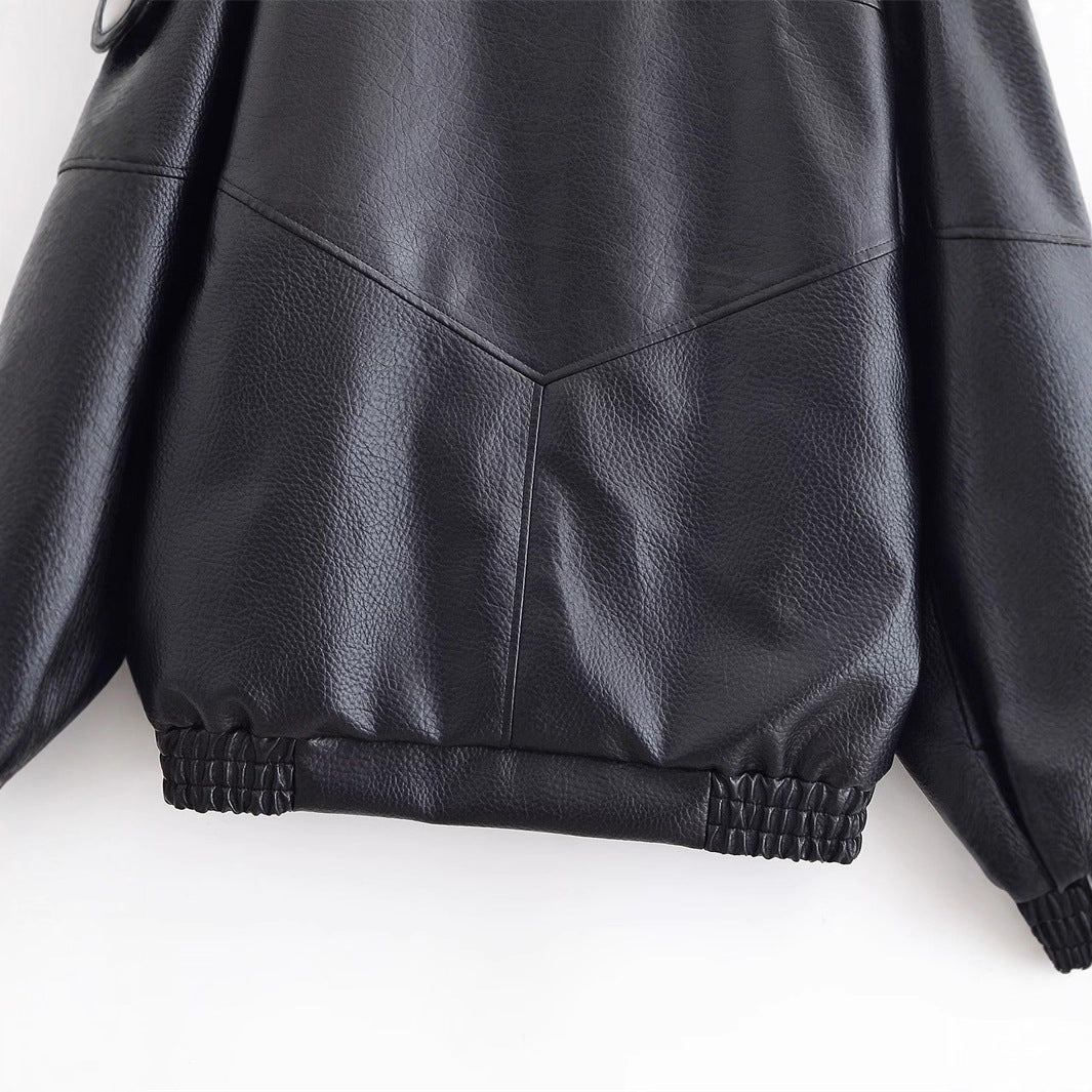 Women's faux leather crossover jacket in bomber style with high stand-up collar Amarae