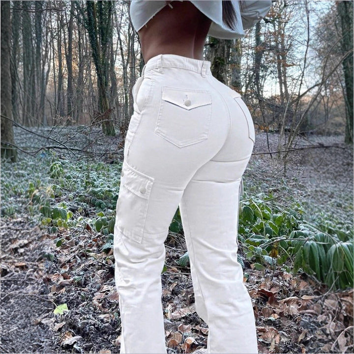 Women’s high-waisted cargo jeans with flared hem and functional flap pockets Amarae