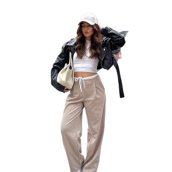 Women's Cropped Biker Jacket made of Faux Leather with a Tailoring Tie Belt and Distinctive Epaulettes Amarae