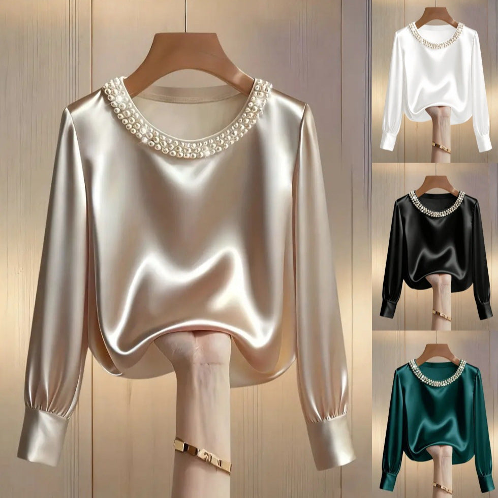 Ladies elegant satin blouse with pearl collar Lune London