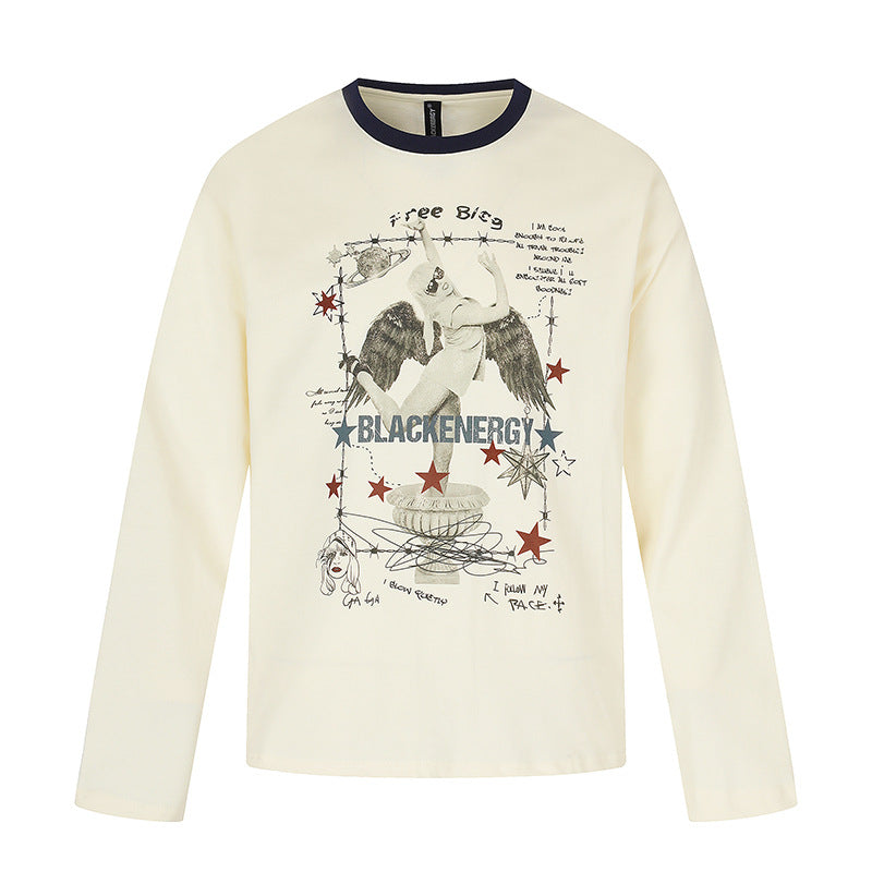 Women's long-sleeve shirt with vintage illustration, contrast collar and relaxed fit Amarae