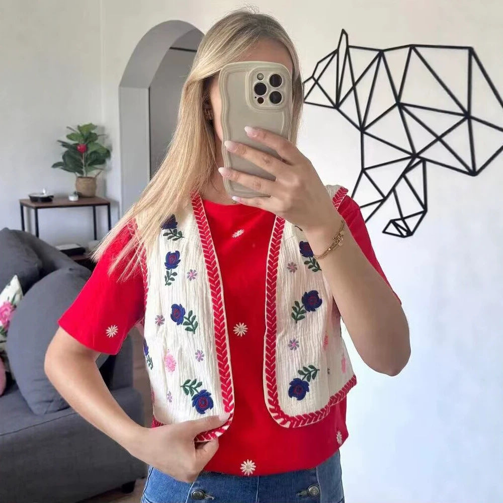 Women's Embroidered Short Waistcoat in Boho Chic with Floral Appliqués Amarae