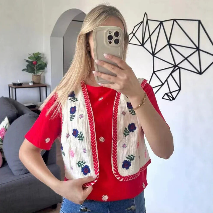 Women's Embroidered Short Waistcoat in Boho Chic with Floral Appliqués Amarae
