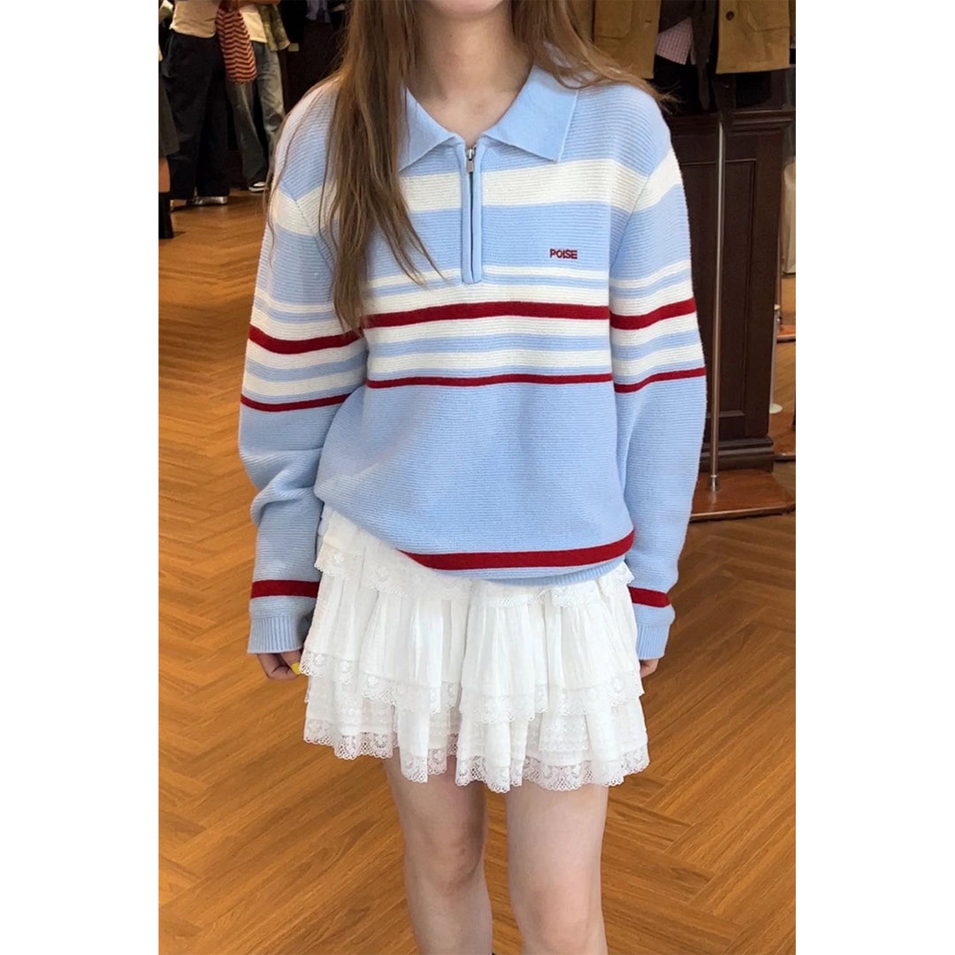 Casual knit sweater for women with half-zip and trendy striped pattern Lune London