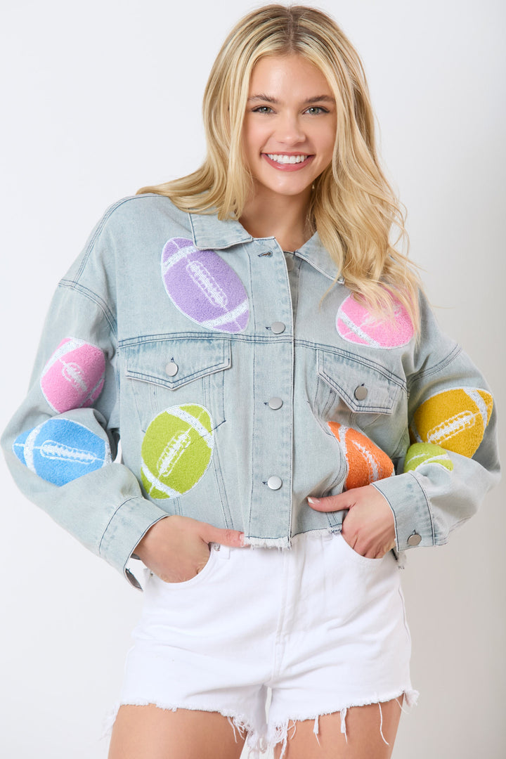 Women's cropped denim jacket with colorful football patches and casual cut Lune London