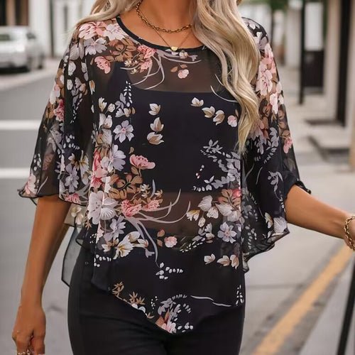 Chiffon blouse for women with ruffle sleeves and a floral pattern Amarae