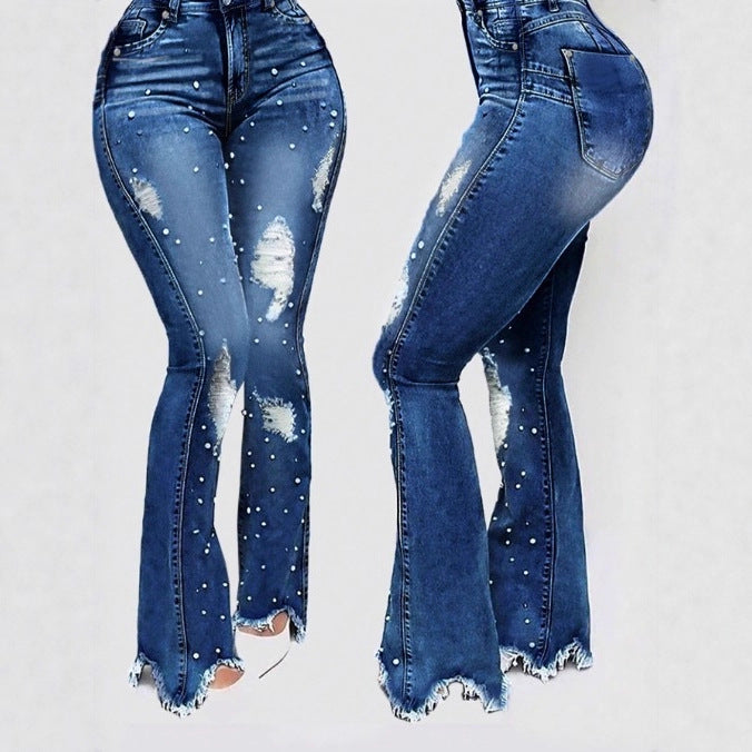 Ladies pearl-embellished high-waist flared jeans with destroyed details and raw hem Amarae