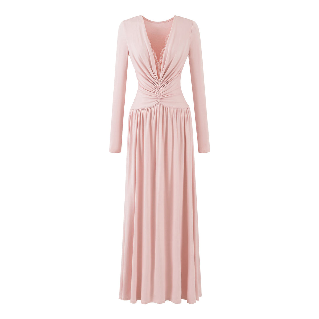 Women Maxi Dress with Ruched Wrap Top, Deep V-Neck and Lace Trim Amarae