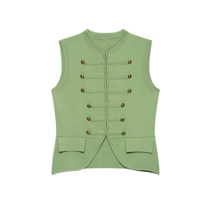 Women's Sleeveless Knitted Vest in Military Style with Decorative Metal Buttons and Patch Pockets Amarae