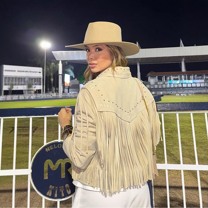 Women's Cropped Suede-Style Fringe Jacket with Stud Application Amarae