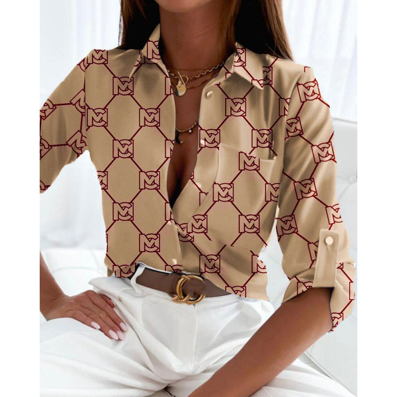 Women's satin blouse with graphic all-over print and tailored fit Amarae