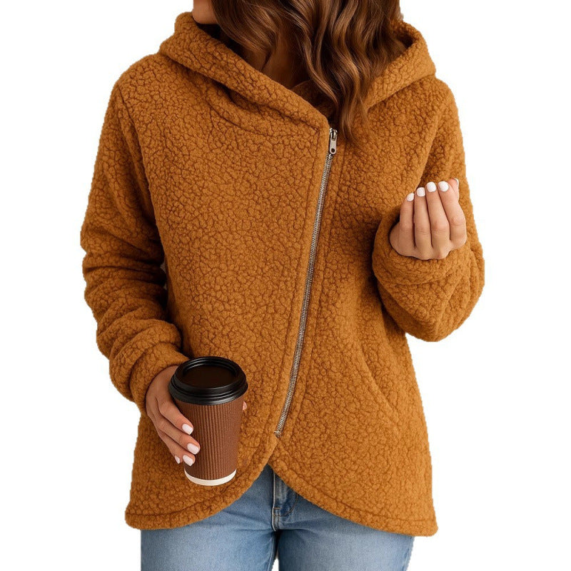 Women's teddy fleece jacket with asymmetrical zipper, hood and curved hem Amarae