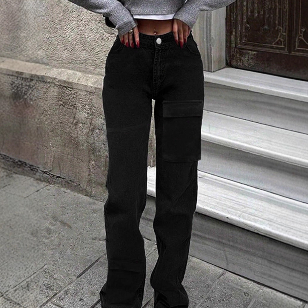 Women's cargo denim pants with large thigh pocket and wide straight-leg Amarae