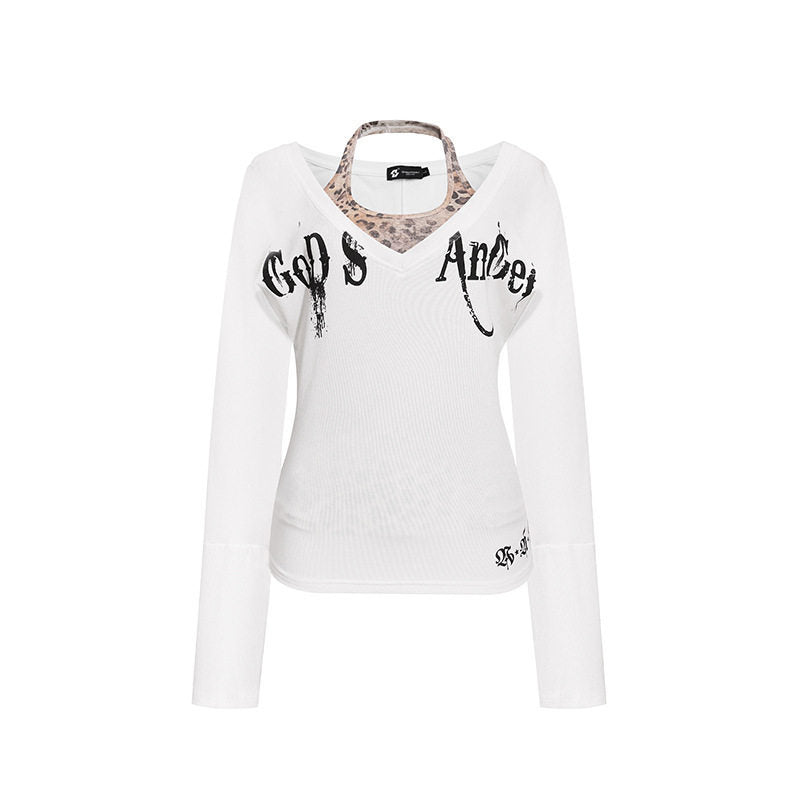 Women's Layered Long Sleeve Shirt with Integrated Halter Neck and Vintage Graphic Amarae