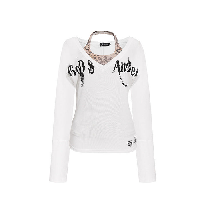 Women's Layered Long Sleeve Shirt with Integrated Halter Neck and Vintage Graphic Amarae