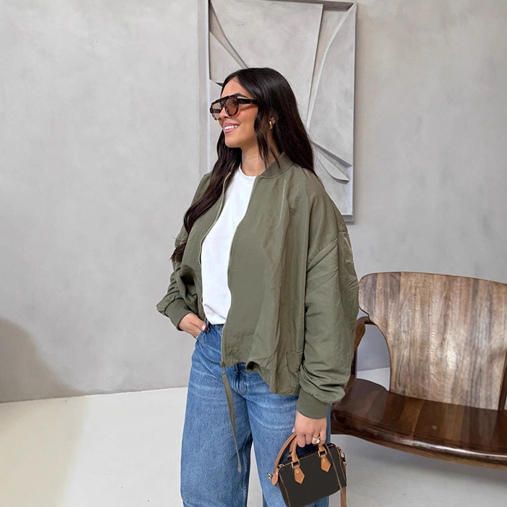 Women Oversize Bomber Jacket with drawstring, ribbed cuffs and lightweight nylon finish Amarae