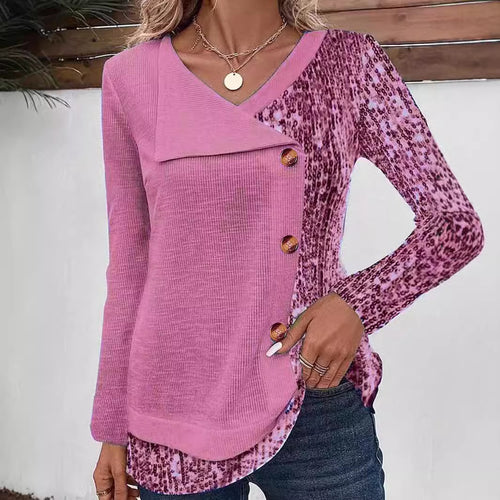 Women's long sleeve shirt with asymmetrical collar and decorative button details Amarae