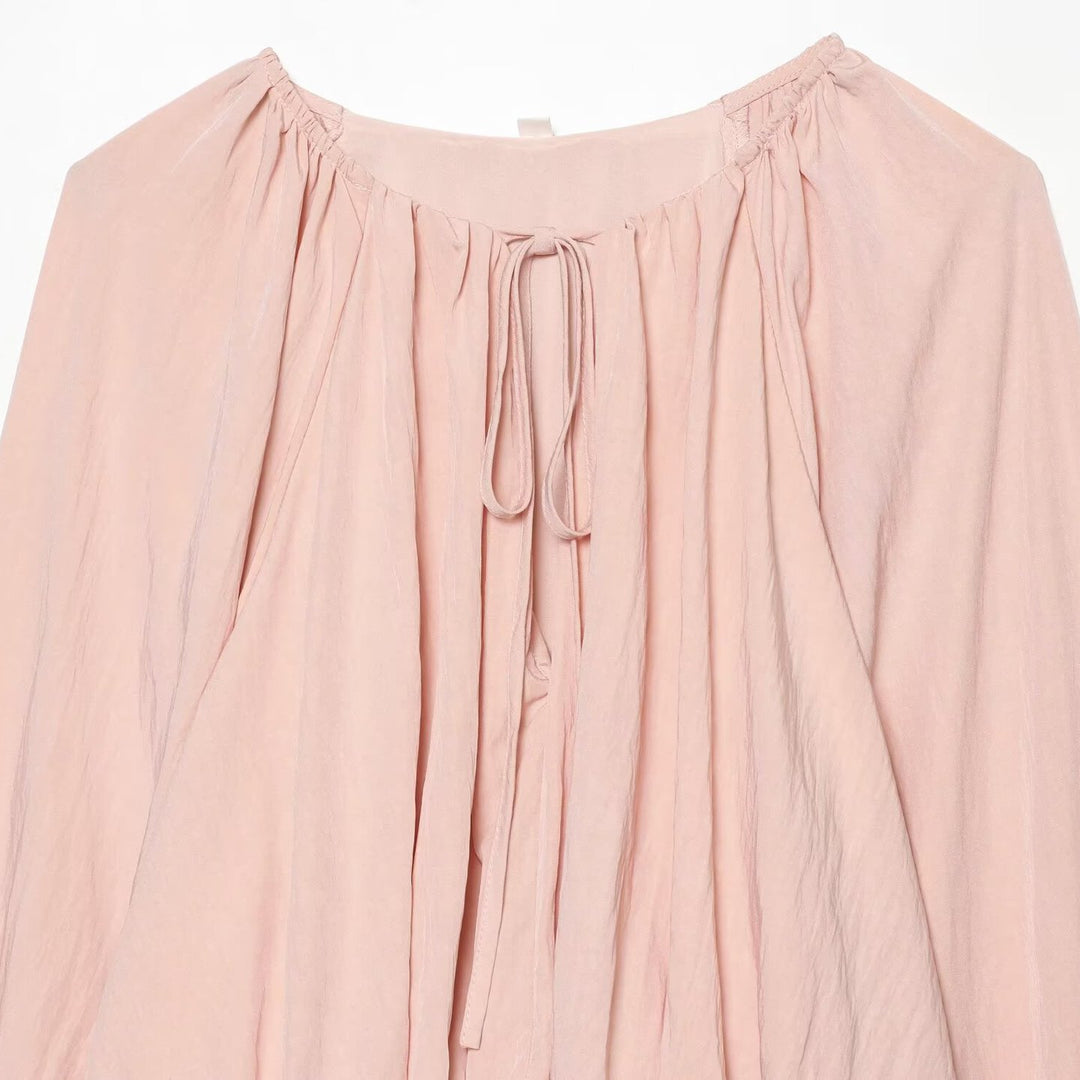 Women's Carmen Cropped Blouse with Drawstring Collar, Ruffled Hem and Balloon Sleeves Amarae