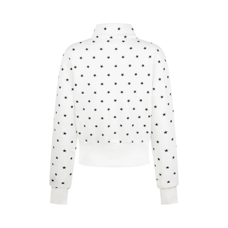 Women's Short Zipper Sweat Jacket with Stand-Up Collar, Allover Star Print and Statement Front Print Amarae