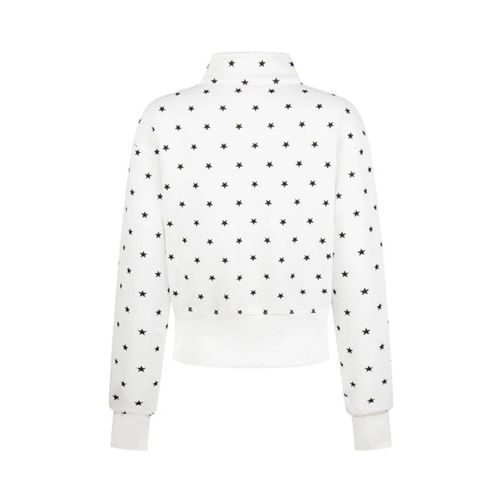 Women's Short Zipper Sweat Jacket with Stand-Up Collar, Allover Star Print and Statement Front Print Amarae