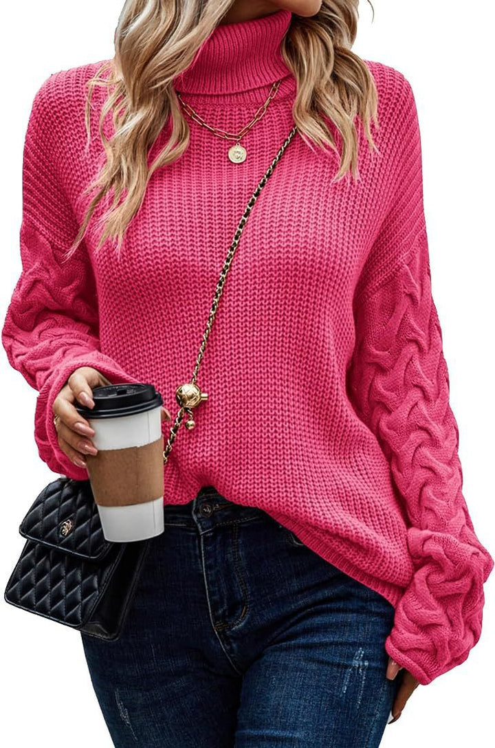 Thick knit sweater for women with a modern cable design and a high collar Lune London