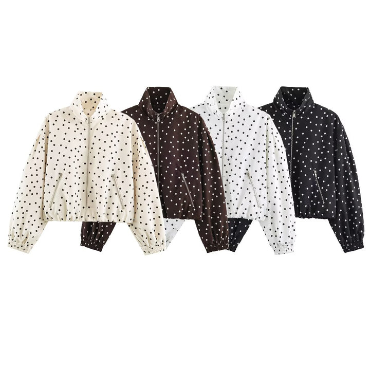 Women's Cropped Bomber Jacket with Stand Collar and Dot Pattern Amarae