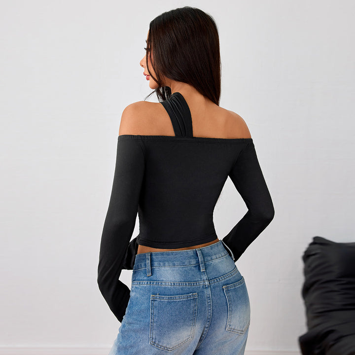 Asymmetrical wrap top for women with an elegant halter design and stylish gathering Chic & Stil