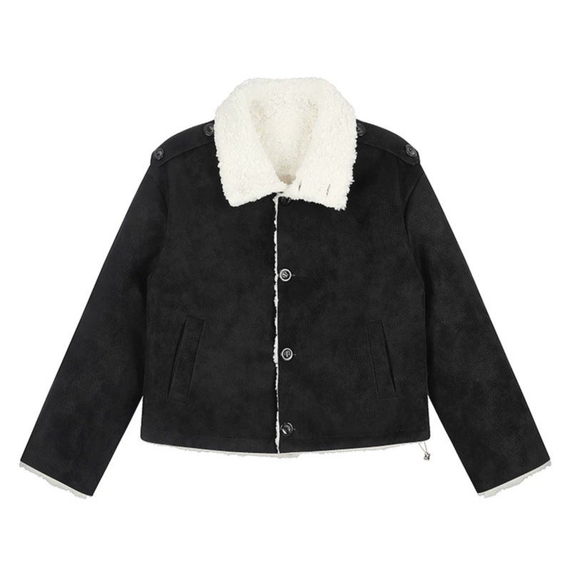 Women Short-Cut Lambskin-Look Bomber Jacket with Teddy Lining and Notched Collar Amarae
