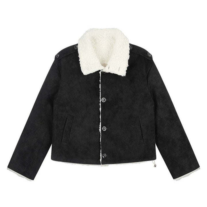 Women Short-Cut Lambskin-Look Bomber Jacket with Teddy Lining and Notched Collar Amarae