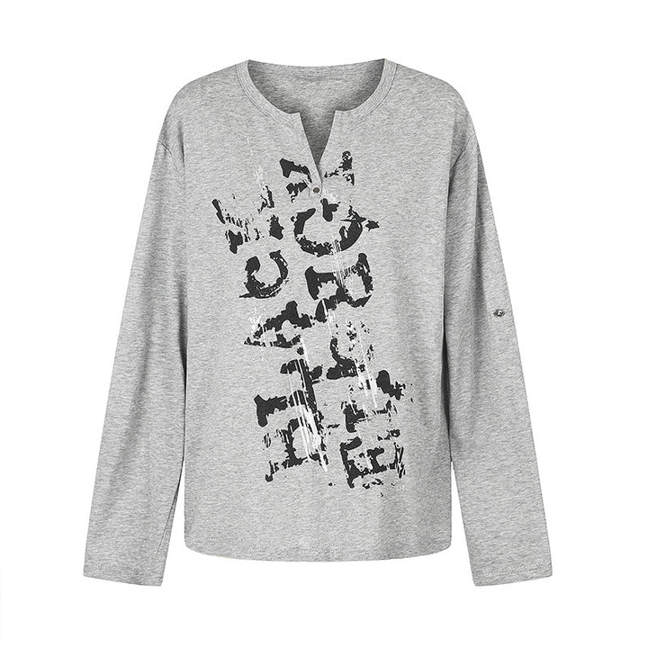 Women Long Sleeve Shirt with Notch Neckline and Vintage Print Amarae