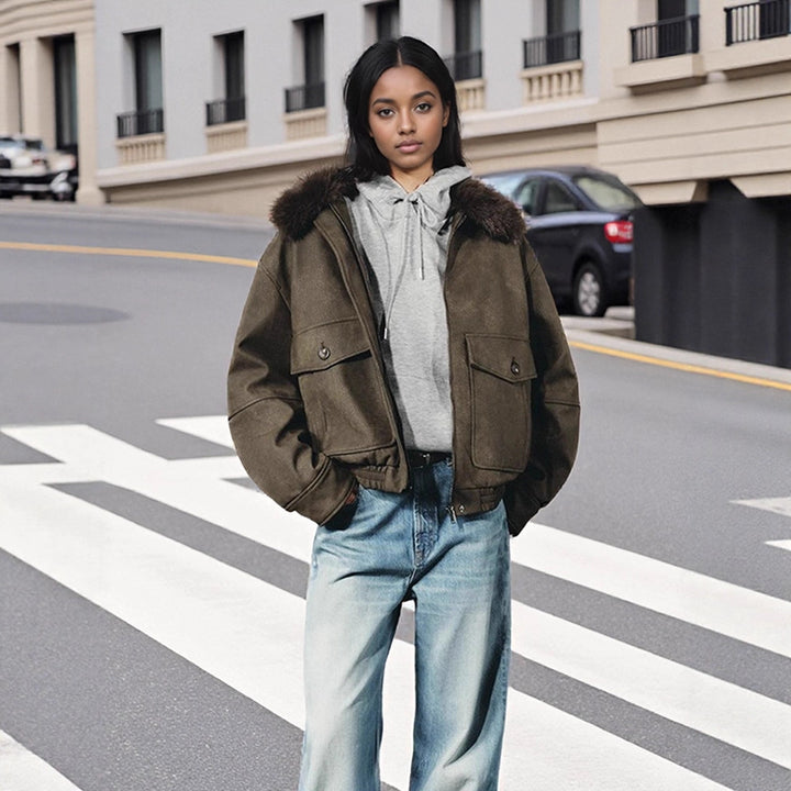 Women's short jacket in aviator style with faux fur hood and patch pockets Amarae